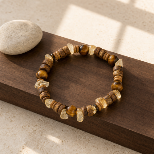 Tiger-eye and dark wood bracelet on a sunlit wooden surface
