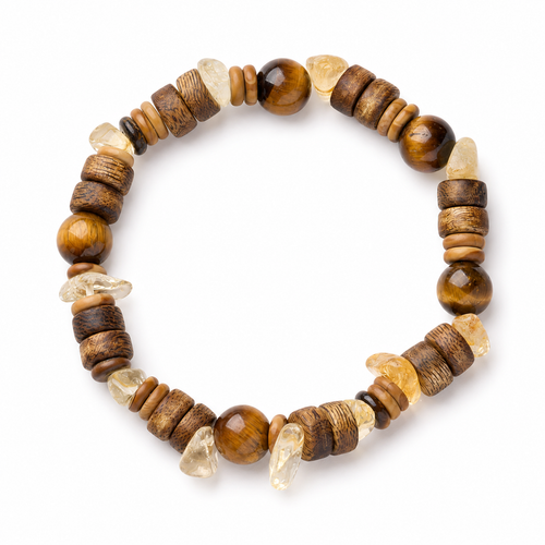 Tiger-eye and dark wood bracelet with yellow chip accents