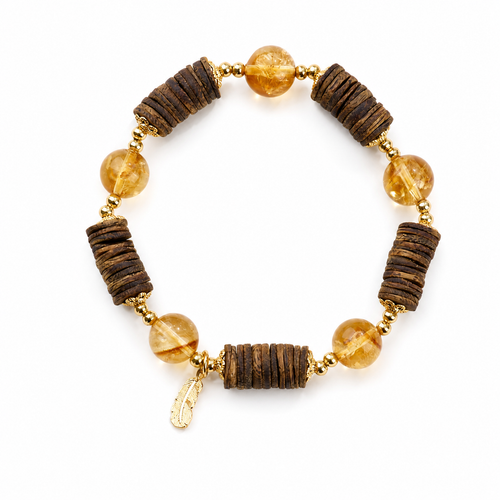 Amber-tone and dark wood bracelet with a feather dangle