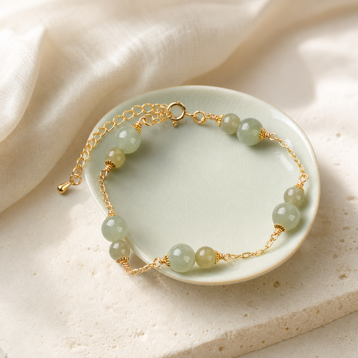 Pale green bracelet arranged on a ceramic dish