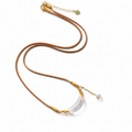Warm brown cord necklace with a clear curved pendant