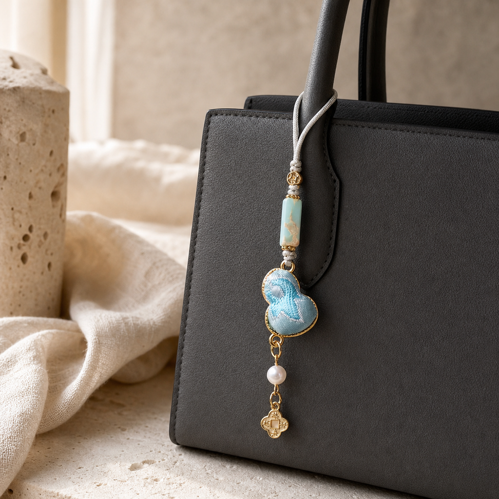 Cloud blue woven gourd charm hanging from a black bag