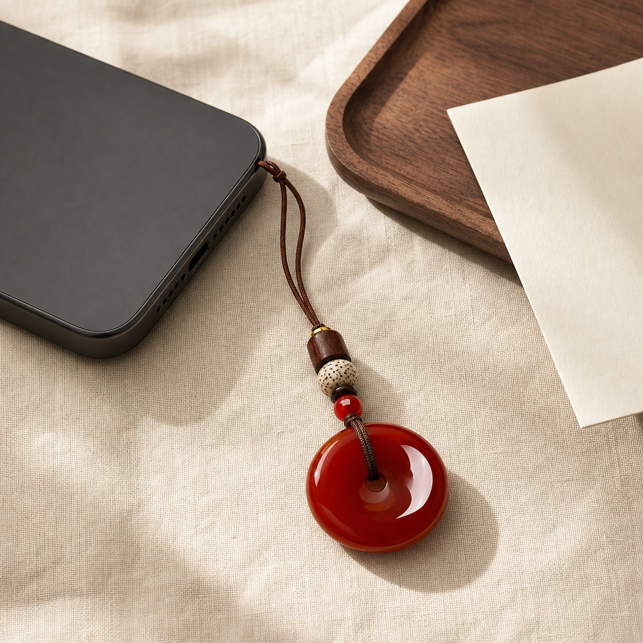 Red peace buckle charm attached to a black phone