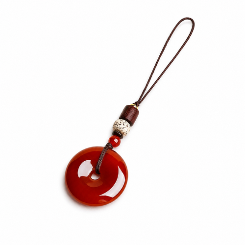 Red peace buckle phone charm with brown loop