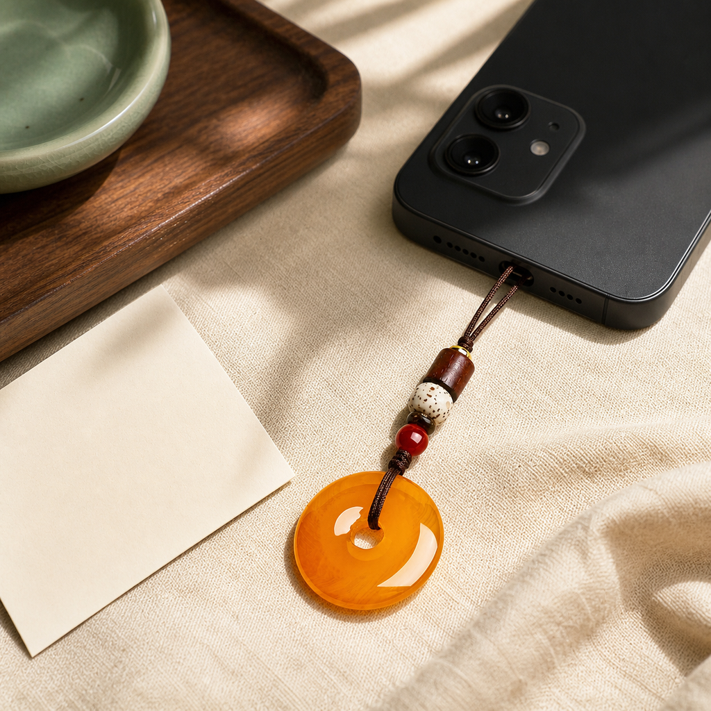 Yellow peace buckle charm attached to a black phone