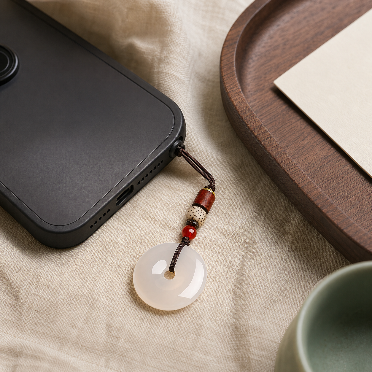 White peace buckle charm attached to a black phone