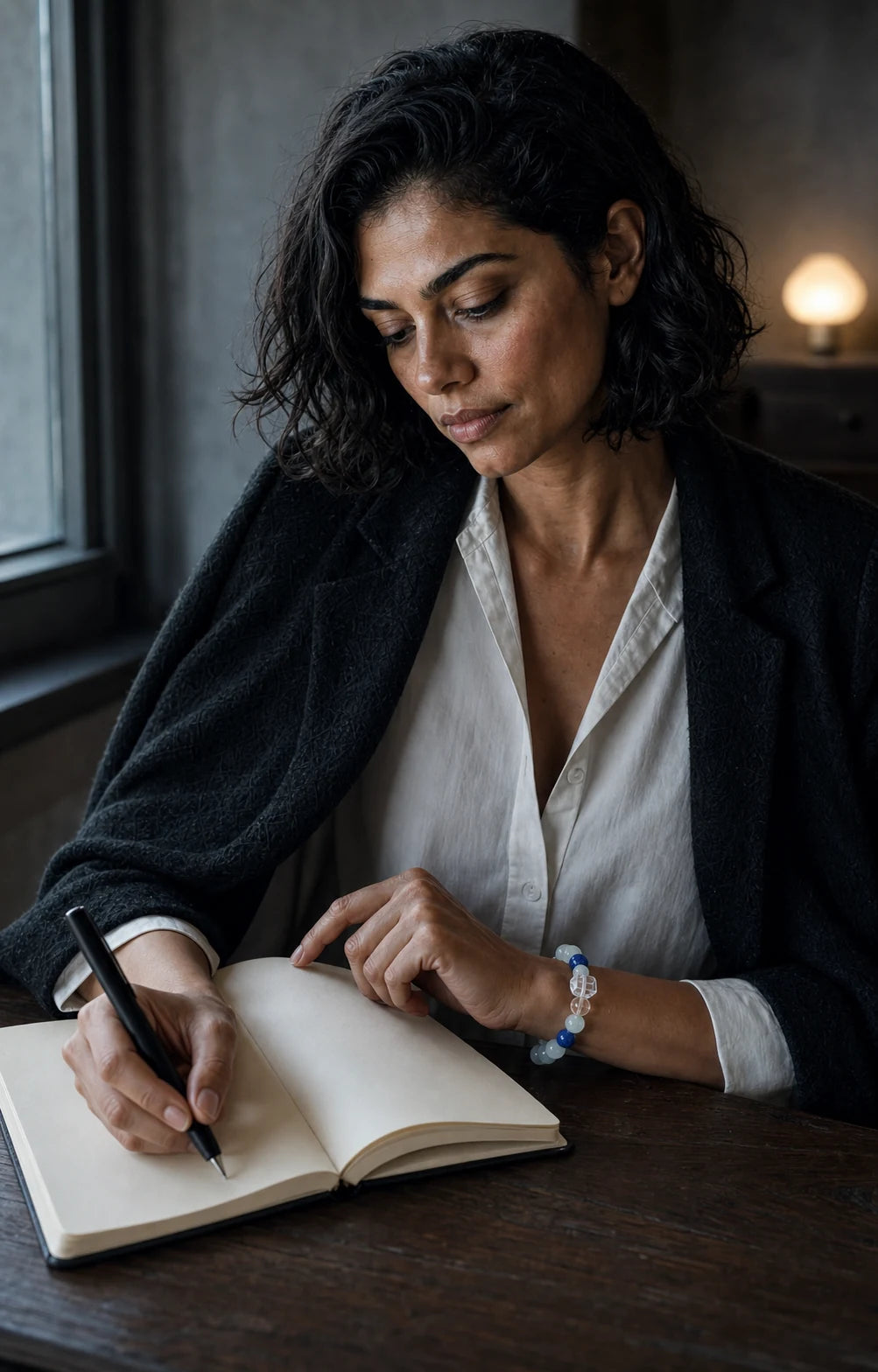 Woman wearing the Calm Ritual Bracelet while writing an evening reminder