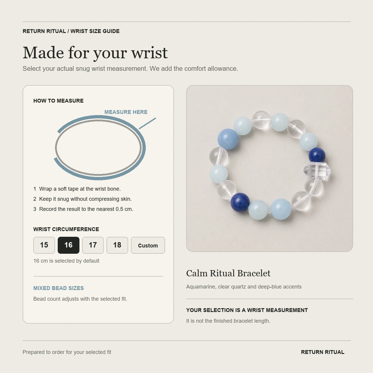 Calm Ritual Bracelet wrist measurement and size guide