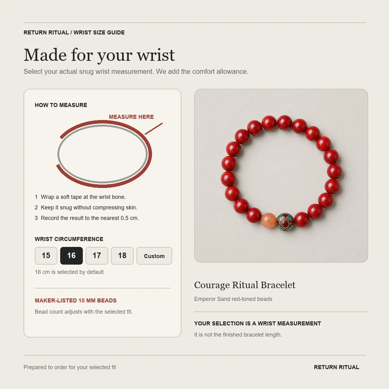 Courage Ritual Bracelet wrist measurement and size guide