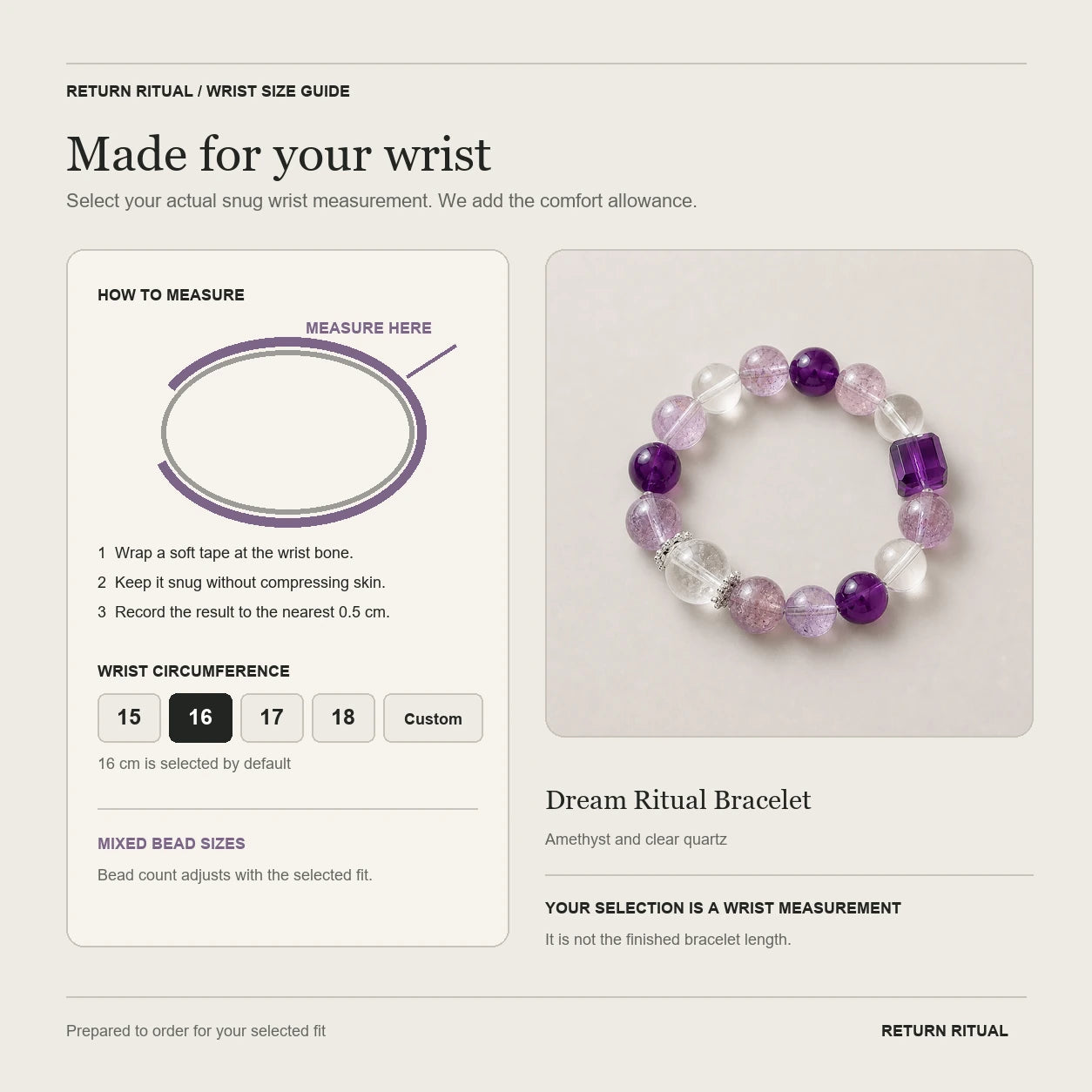 Dream Ritual Bracelet wrist measurement and size guide