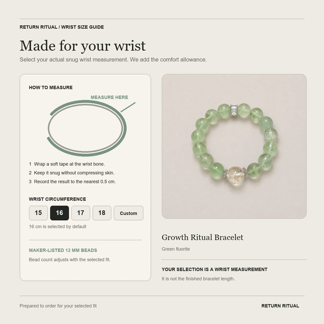 Growth Ritual Bracelet wrist measurement and size guide