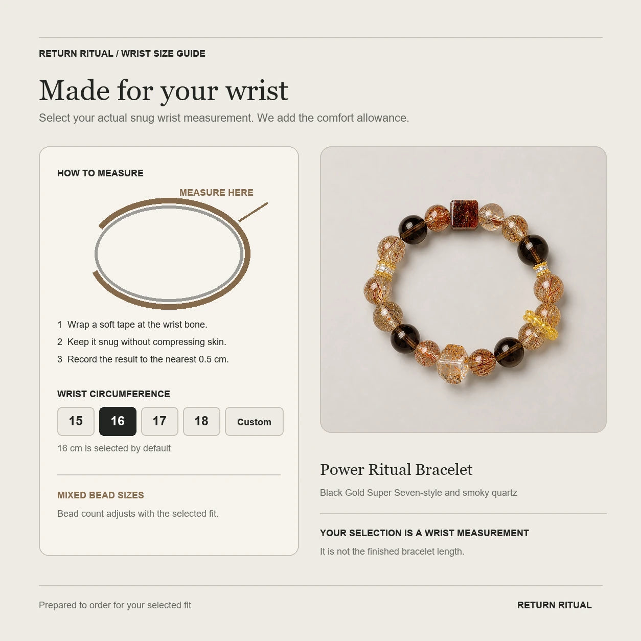 Power Ritual Bracelet wrist measurement and size guide
