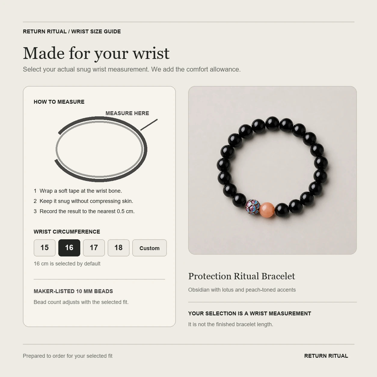 Protection Ritual Bracelet wrist measurement and size guide