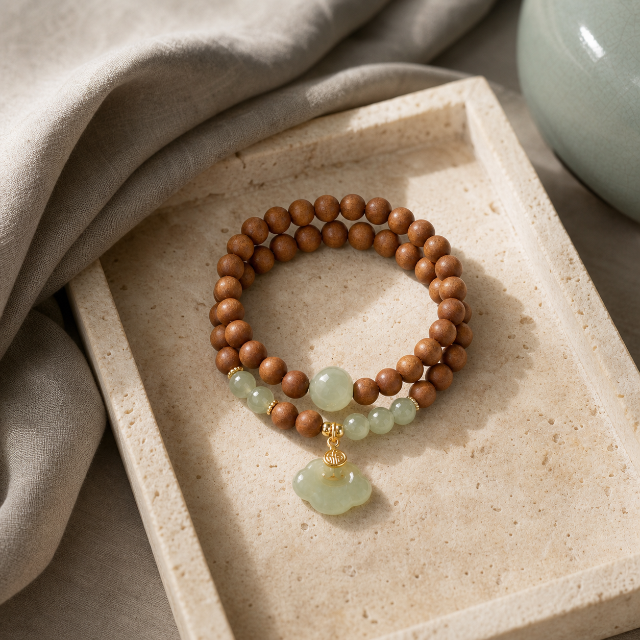 Quiet Ruyi double-wrap bracelet in a warm still life