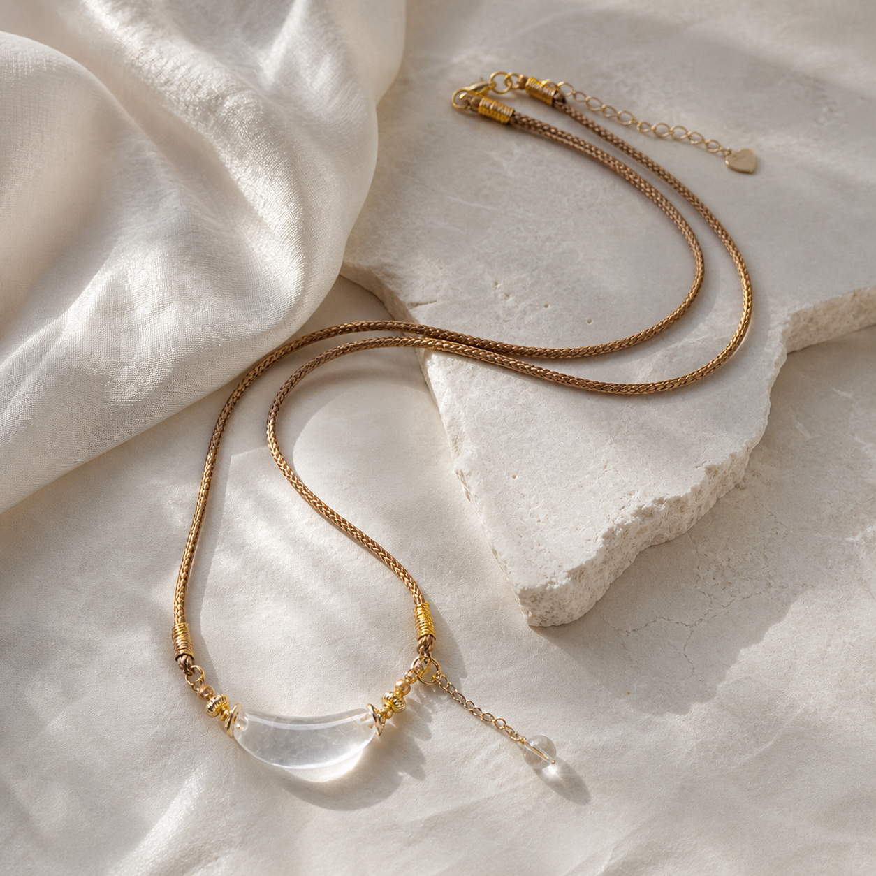 Moon Petal White Crystal Necklace styled in a warm everyday scene