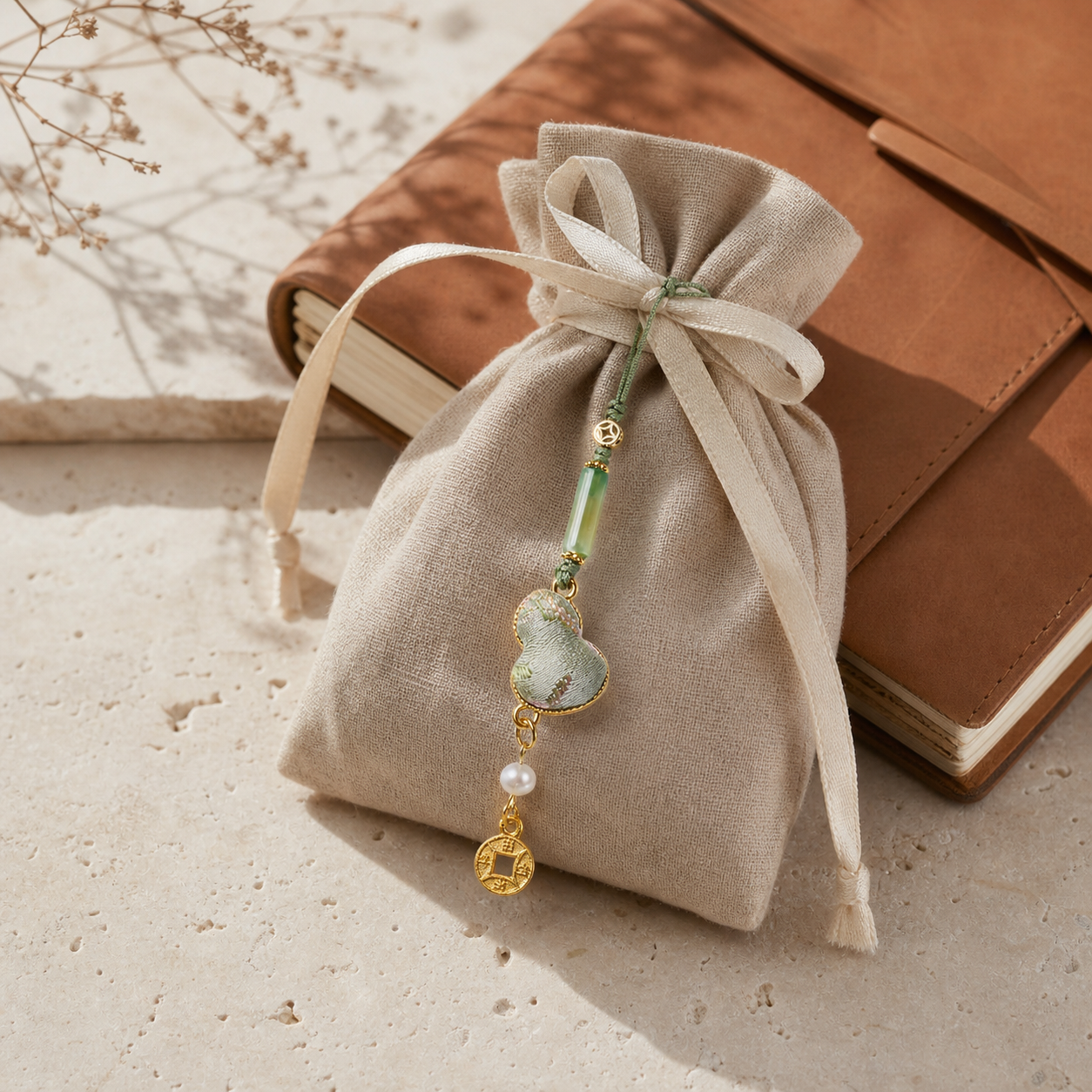 Green woven gourd pocket charm in an everyday setting