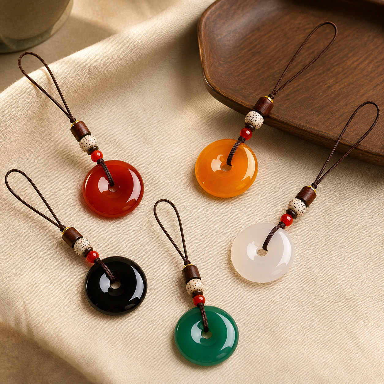 Five colour peace buckle phone charms on linen